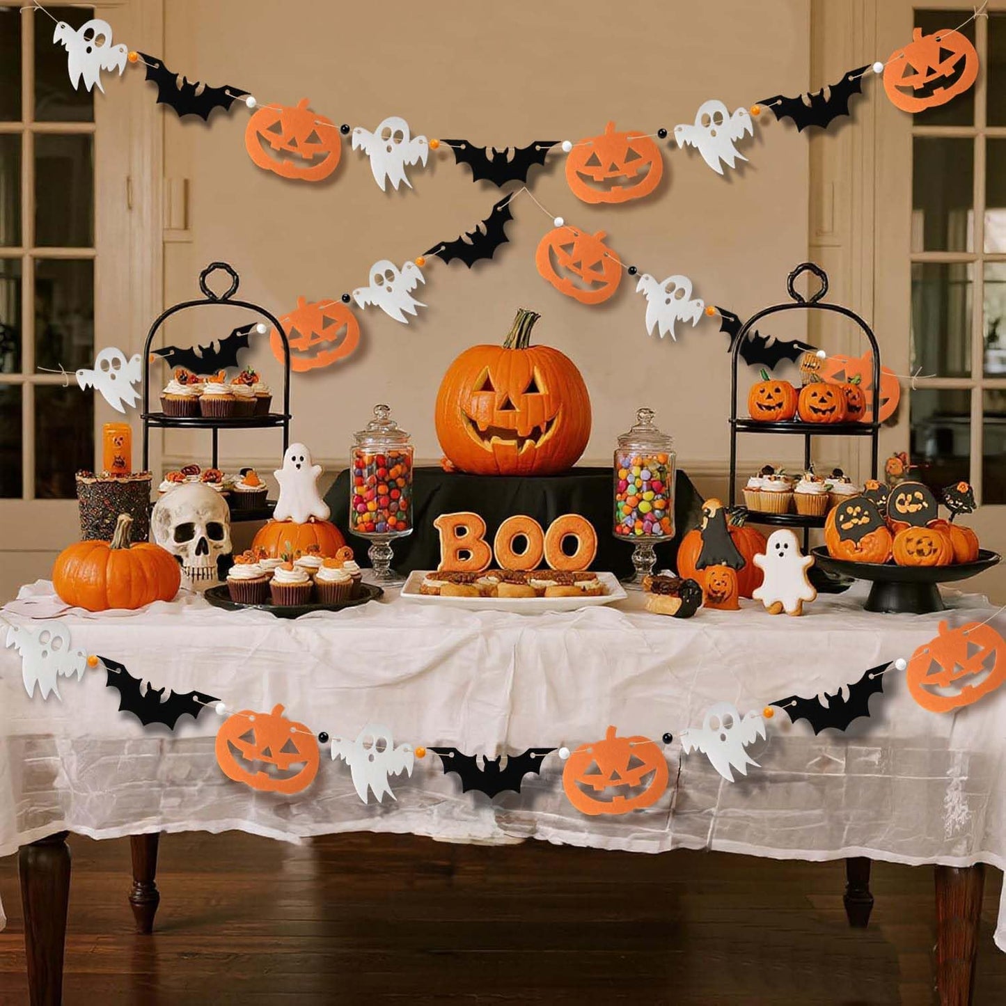 FuSenYuan (Pre-Strung) Halloween Felt Garland Set of 3 Ghost Bat Pumpkin Garland with Wooden Beads Felt Halloween Hanging Garland Banner for Party Mantle Home Wall Decor