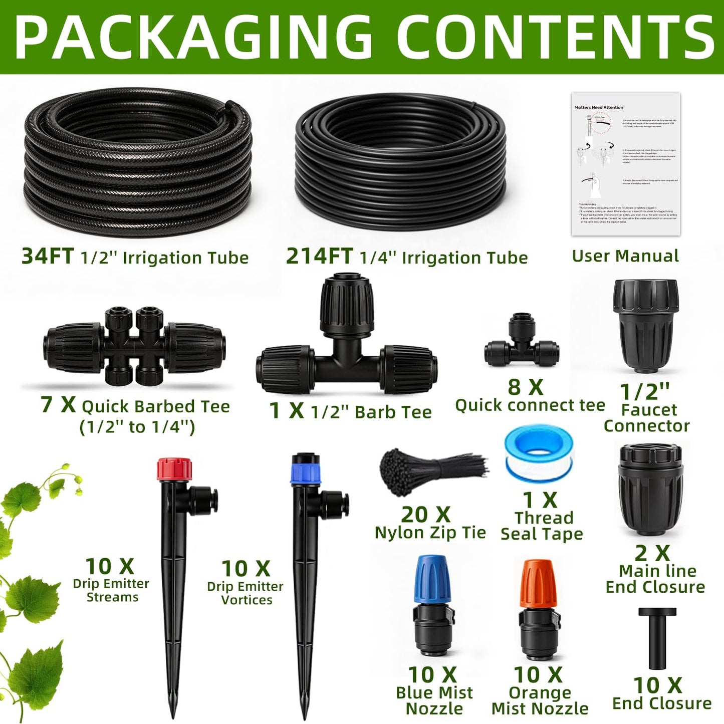 Drip Irrigation System,248FT Automatic Garden Watering System with 1/2" & 1/4" Fast-Lock Tubing Adjustable Nozzles & Sprinklers,Quick-Connect Drip Irrigation System Kit for Garden,Lawn,Potted Plants