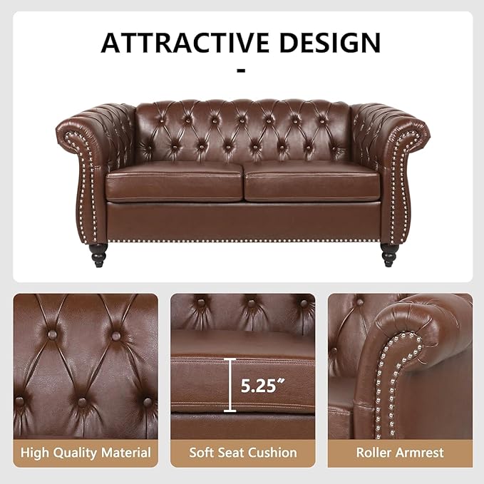 Mid-Century 2 Seater Sofa, Faux Leather Loveseat