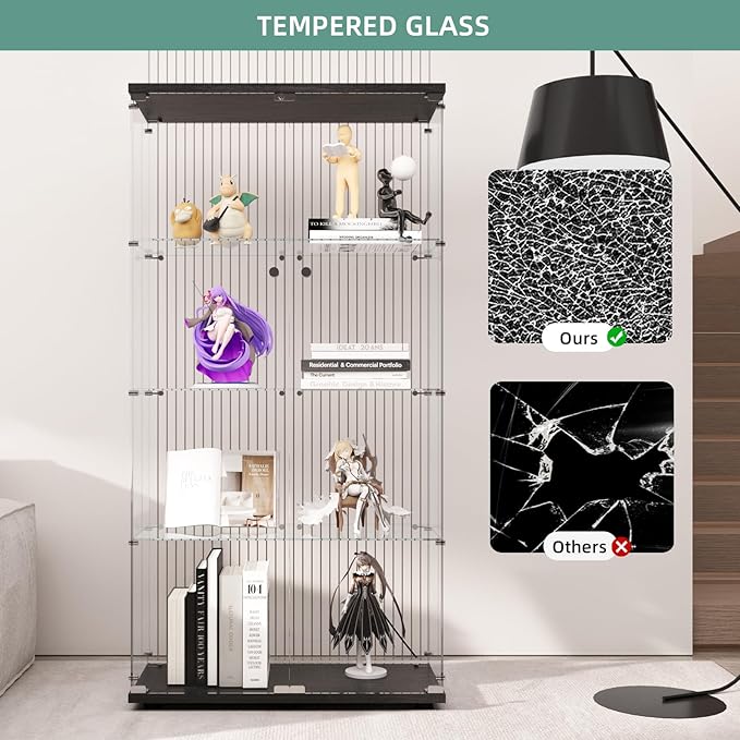 Display Cabinet with Glass Door and Lock, 4-Shelf Curio Cabinets with 5mm