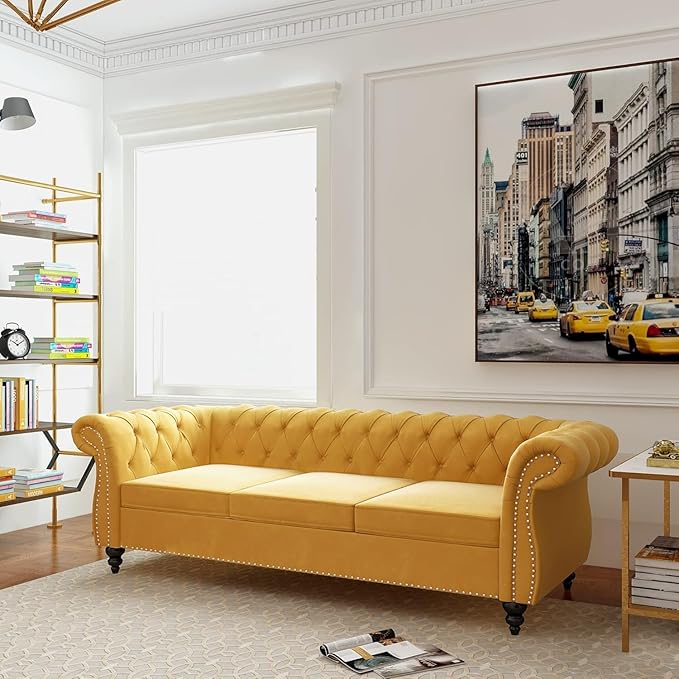 Mid-Century 3 Seater Sofa, Velvet Couch