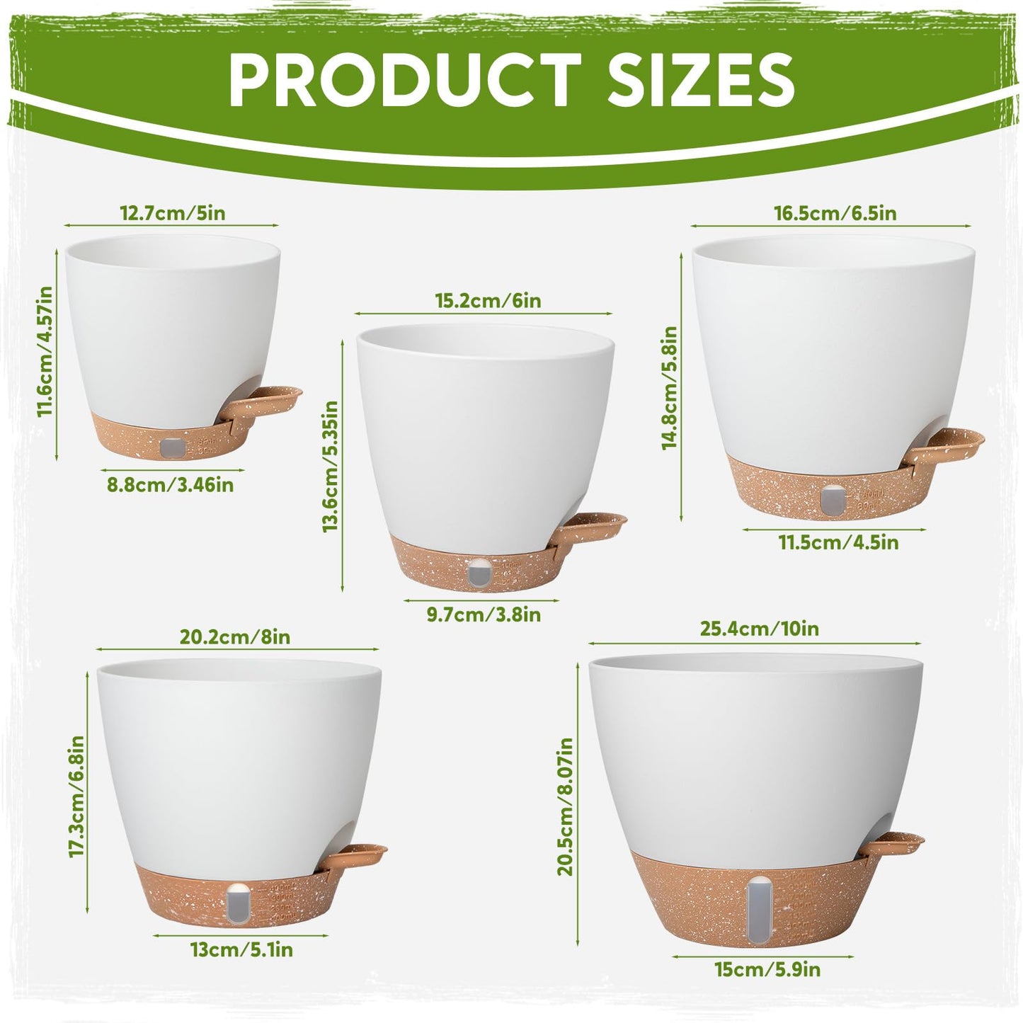 Goproauto Self-Watering Pots for Indoor Plants with Visible Water Window,5/6/6.5/8/10 Inch Outdoor Flower Pots with Drainage Holes & Reservoir for Patio, Home Decor (White)