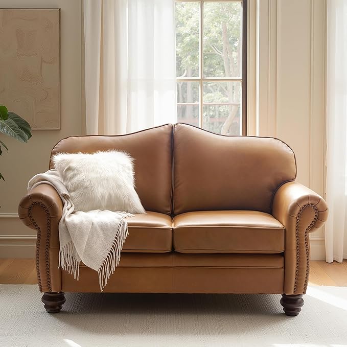 60" Wide Genuine Leather Chesterfield Loveseat, 2 Seat Leather Sofa