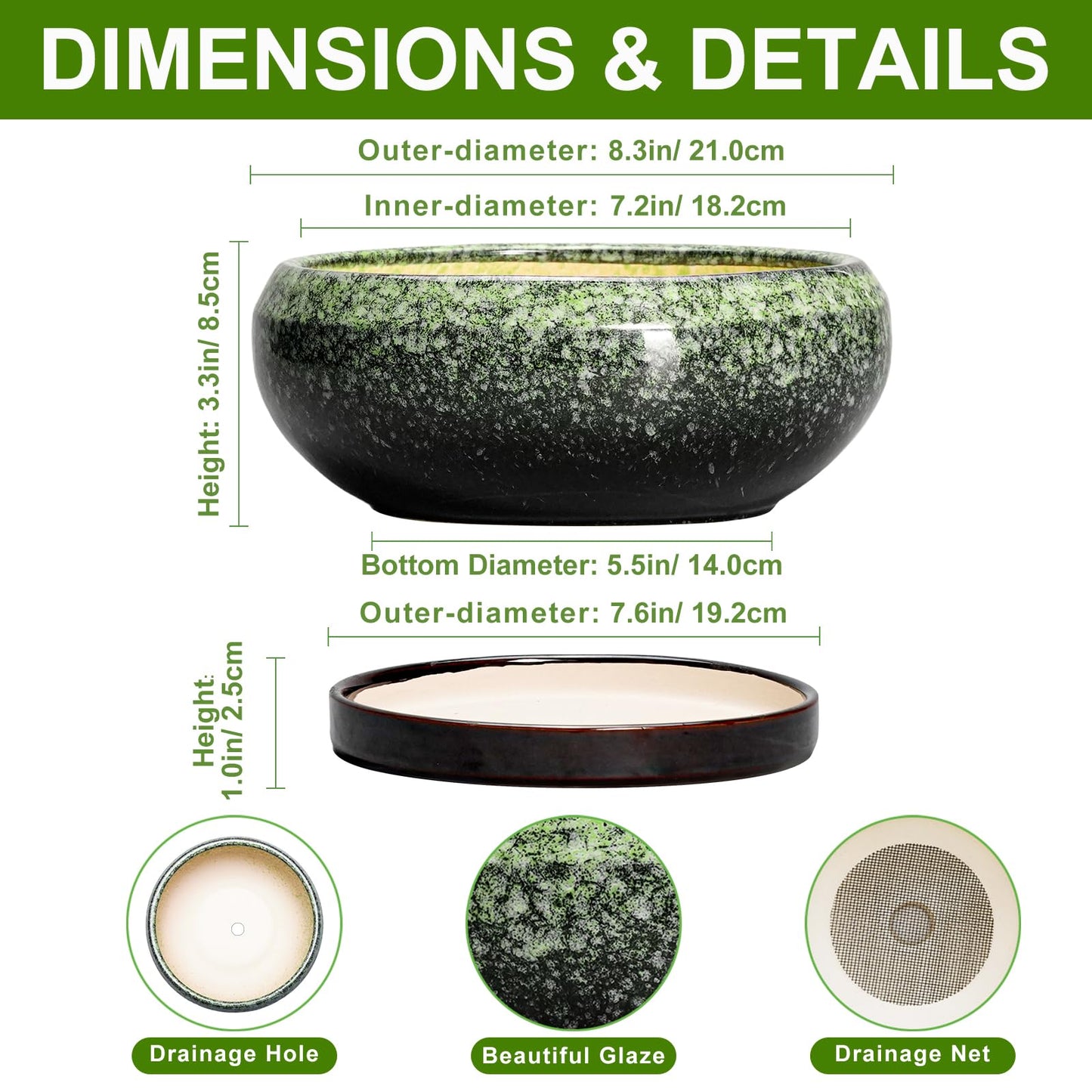 EPFamily Bonsai Pots 8 Inch - Ceramic Succulent Pots with Drainage Hole and Saucer, Shallow Plant Pot for Indoor Outdoor, Bonsai Tree Pots, Round Planter Bowl, Home Decor, Gift for Plant Lover, Green