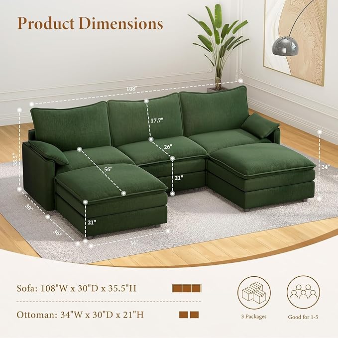 Vesgantti 108" U Shaped Sectional Couch, Comfy Cloud Modular Sectional Sofa