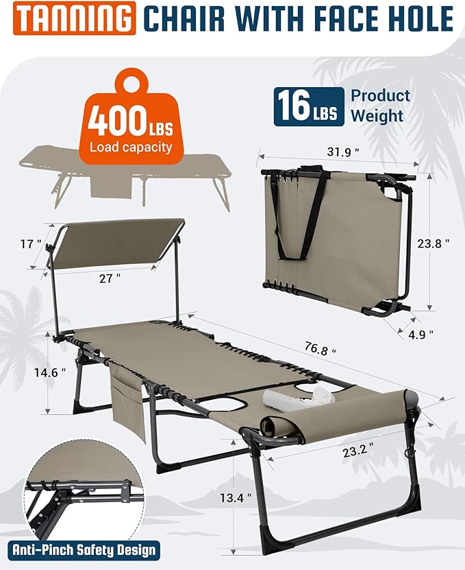 KingCamp Lounge Chair with face Hole & Canopy Shade, 400LBS Folding Portable