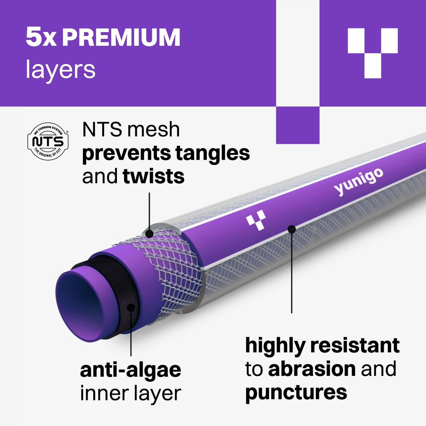 YUNIGO ESSENCE 5/8" 50ft Hybrid Purple Garden Hose – No-Kink Abrasion-Resistant with Durable Aluminum Fittings & Spray Nozzle, Ideal for Intensive Home & Garden Watering