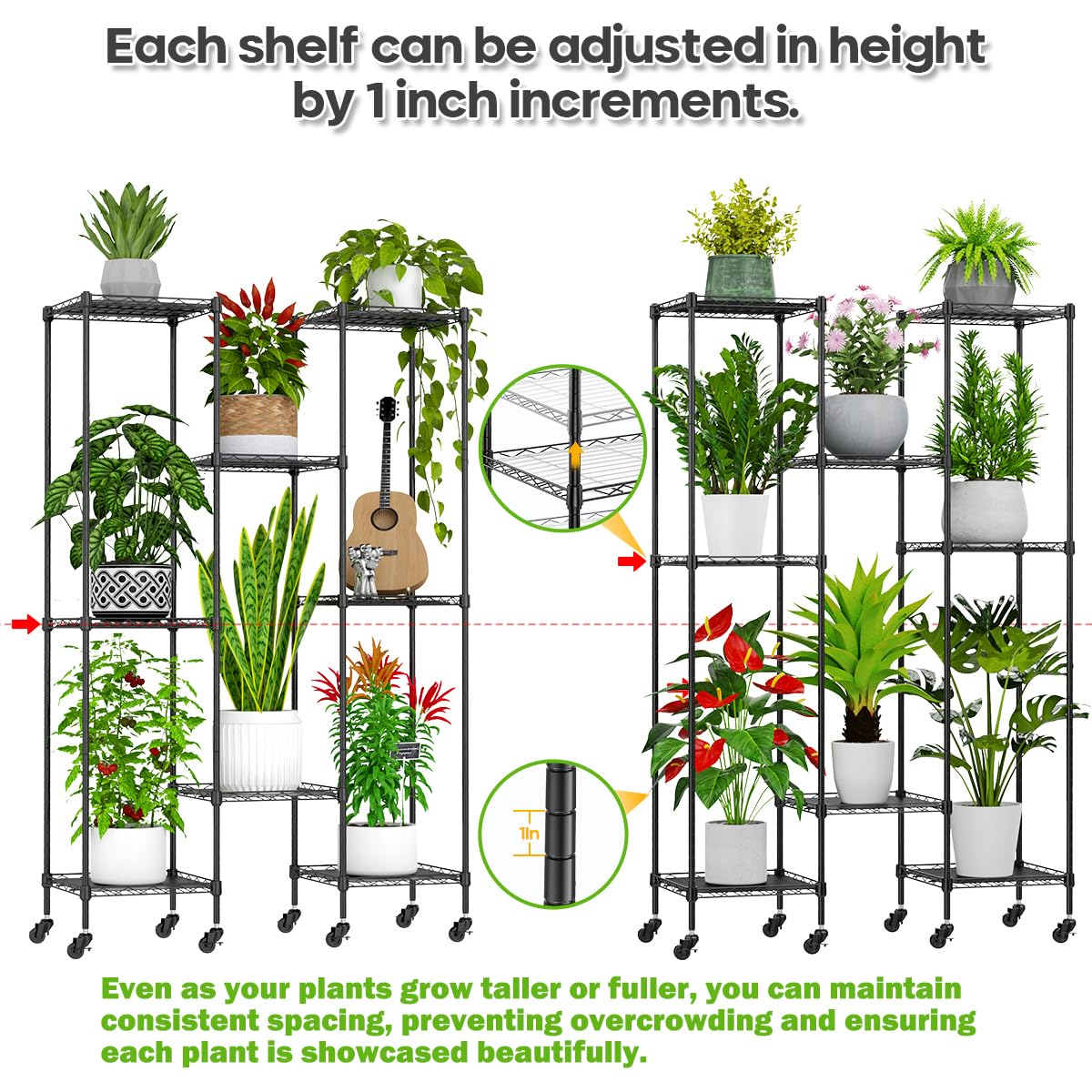 Abimars 59'' Plant Stand with Wheels, Shelf Height Adjustable Metal Plant Shelf for 8 Potted Plants, DIY Assembly Indoor & Outdoor Plant Display Rack