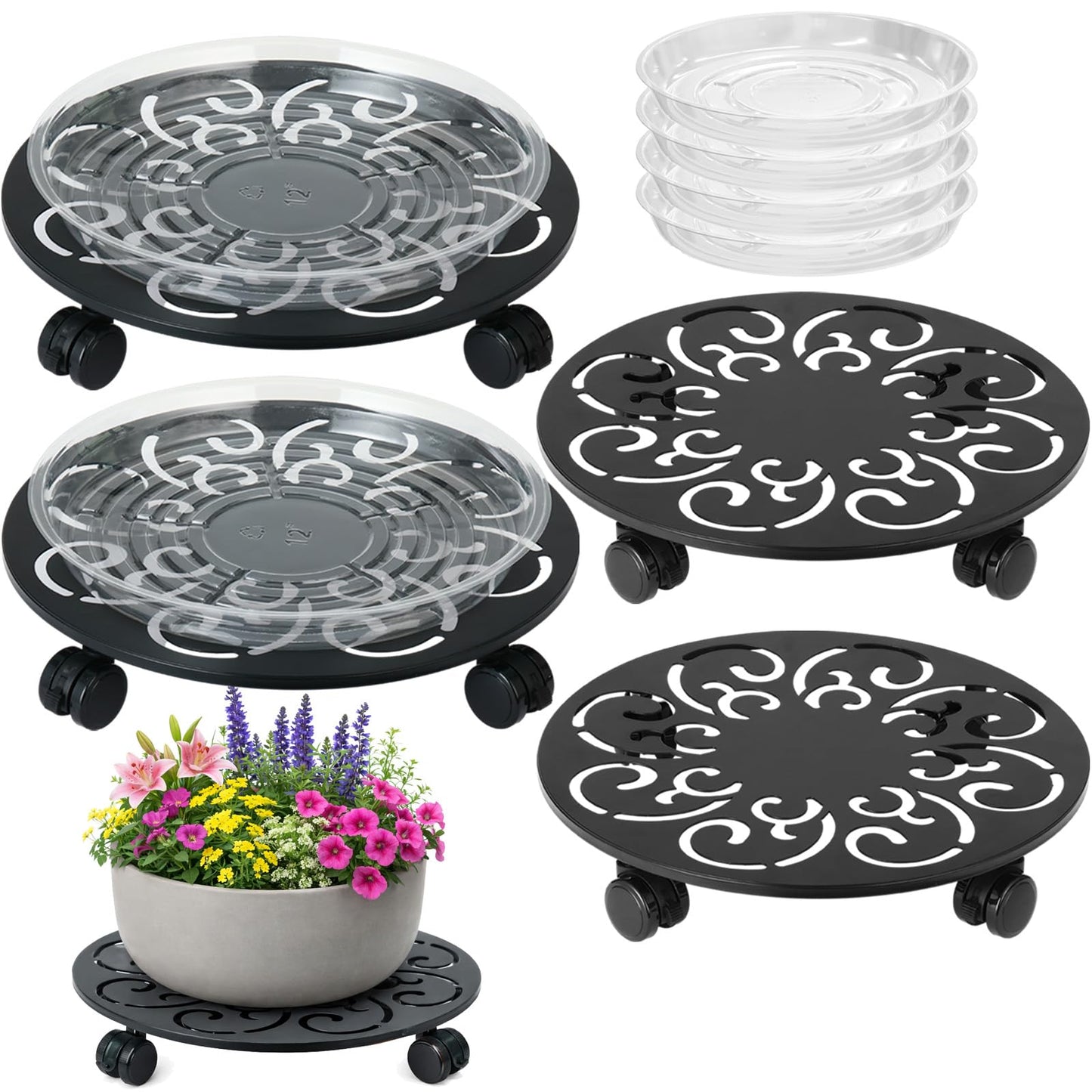 4-Pack 12 Inch Metal Plant Caddy with Wheels Large Heavy-duty Rolling Plant Stands Wheeled Planter Dolly Flower Pot Mover Rollers Rust-proof Garden Coasters Trolley for Indoor Outdoor Use
