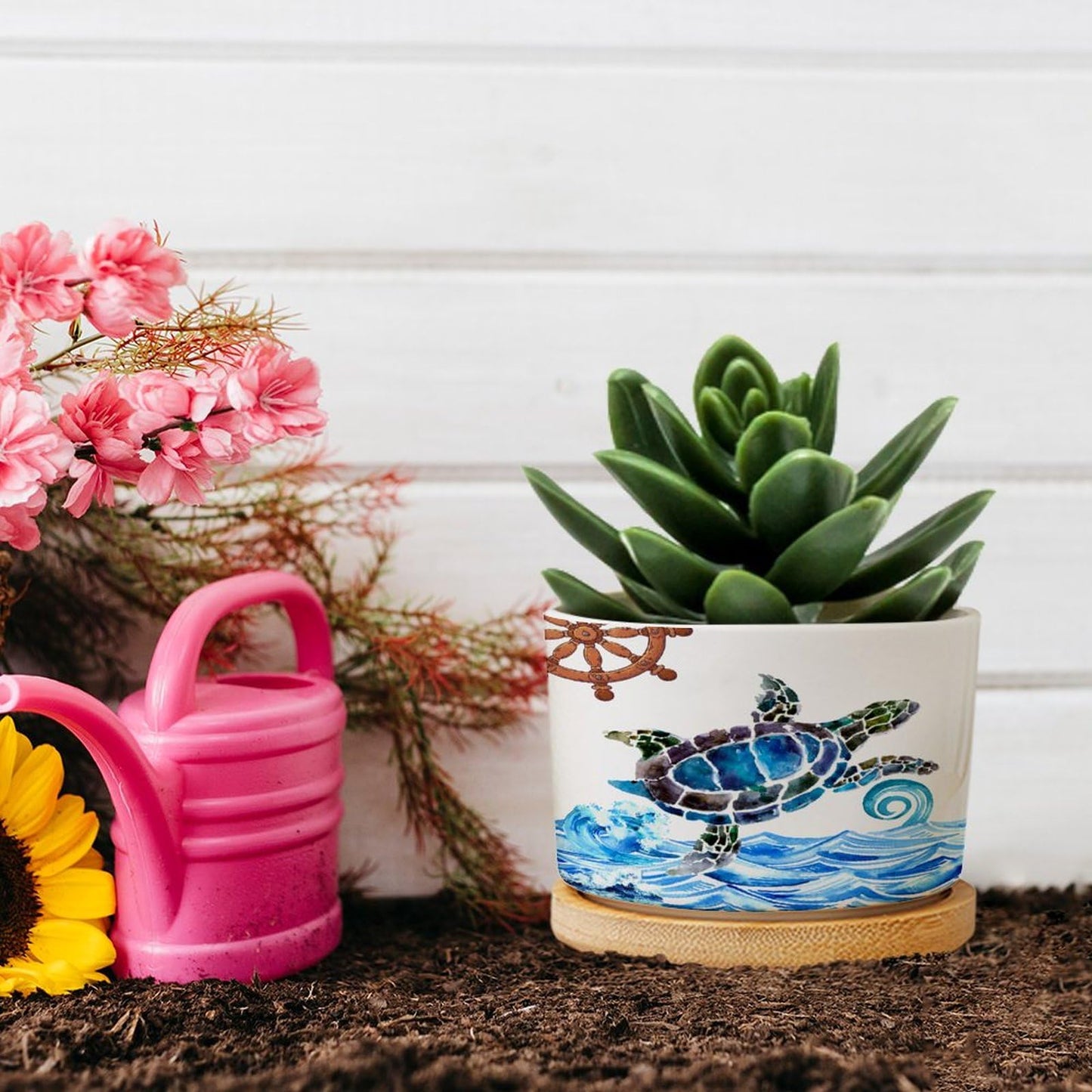 DreamAutumn Ocean Theme Sea Turtle Planter Ceramic Round Plant Pots with Drainage Holes and Bamboo Tray Planting Small Flower Pots for Home Windowsill Desk Garden Indoor Outdoor Use