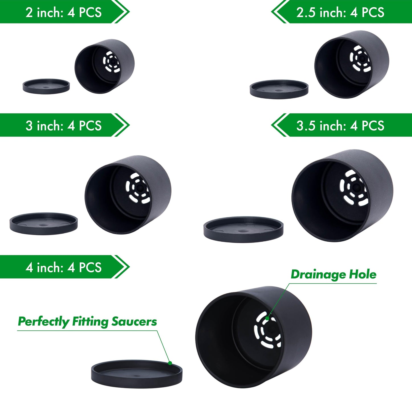 D'vine Dev Pack of 20 Plastic Plant Pots (4 Set of 2 Inch, 2.5 Inch, 3 Inch, 3.5 Inch, 4 Inch) Small Garden Planter Pots for Plant with Drainage Holes and Saucers, Black, 74-U-B