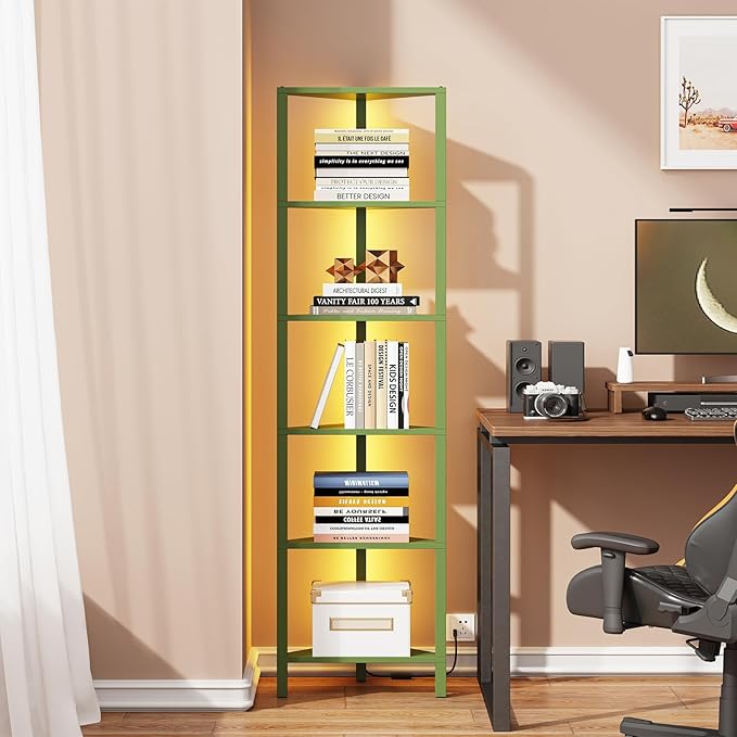 TUTOTAK Corner Shelf with LED Light, 6-Tier Corner Bookshelf