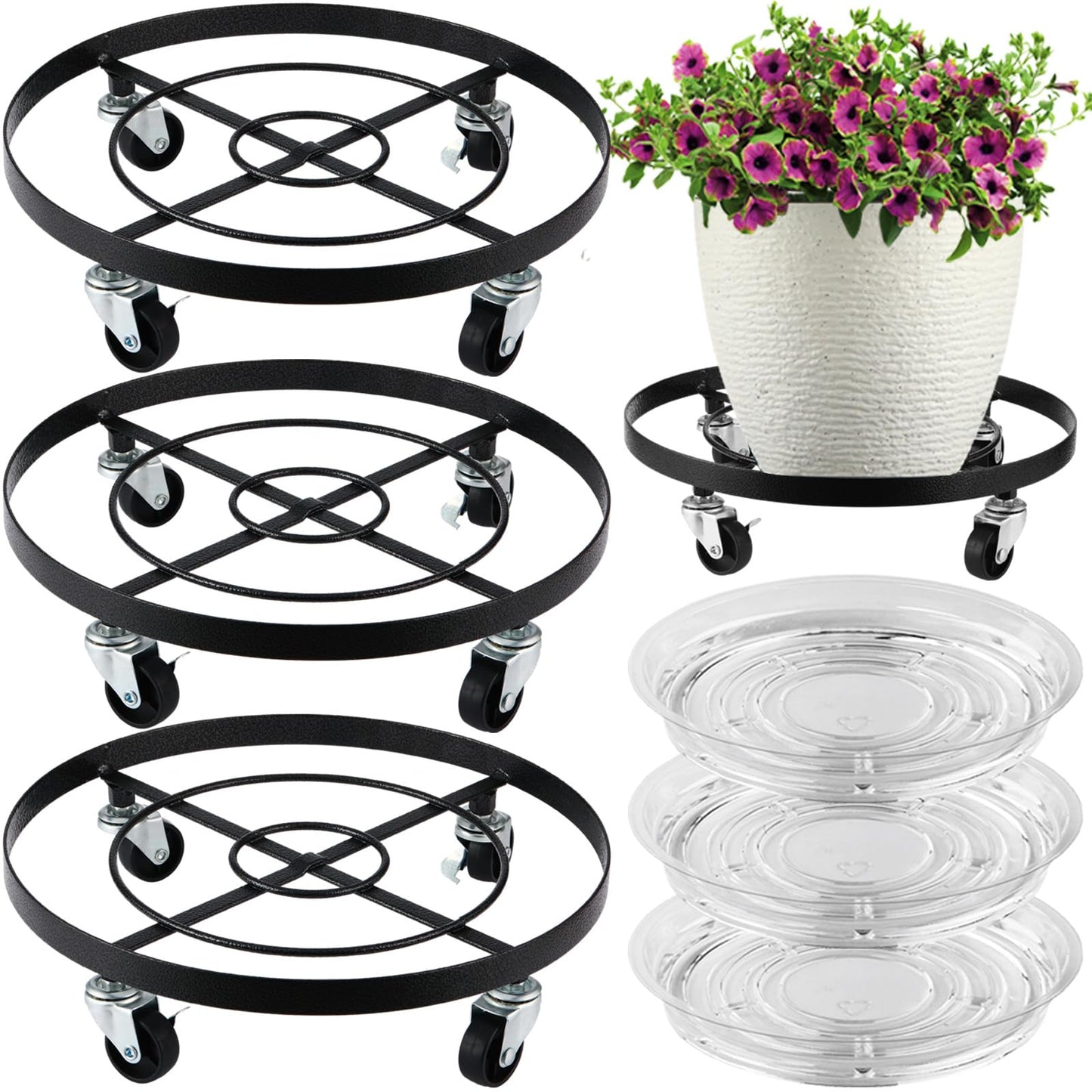 3 Packs Large Metal Plant Caddy 12.6” Plant Dolly with Wheels Heavy-duty Wrought Iron Rolling Wheeled Plant Stand with Casters for Indoor and Outdoor Plant Pot Rollers, 12" Clear Plant Saucers Included