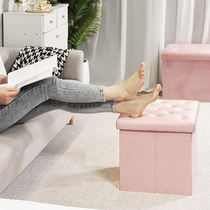 B FSOBEIIALEO Storage Ottoman Cube, Velvet Tufted Folding Ottomans
