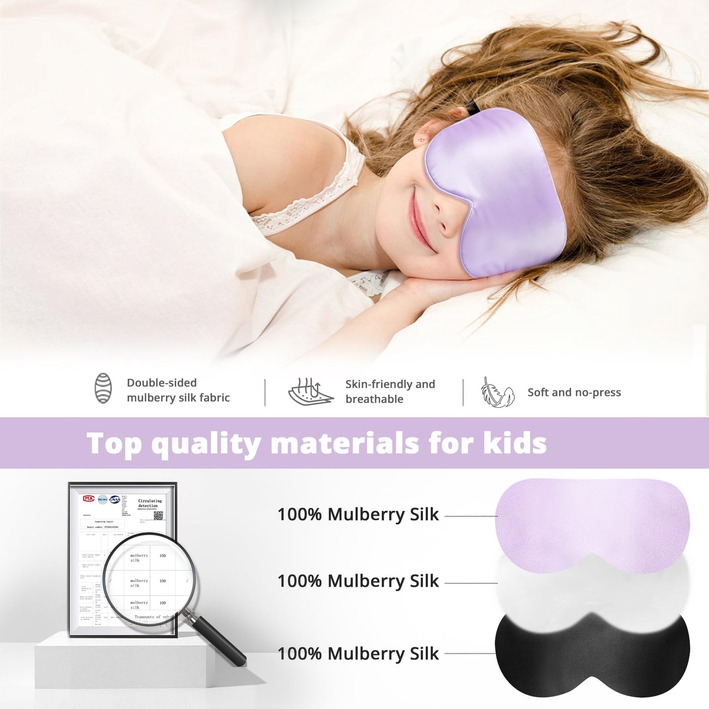 Kids Sleep Mask Eye Cover, 100% Real Natural Pure Silk Eye Mask with Adjustable Strap, Blindfold Kids Eye Mask for Sleeping, Eye Shade for Boys Girls and Adult, Pressure-Free Comfort (Black)