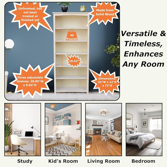 International Concepts Shaker Bookcase 72-Inch Tall, Solid Parawood, 5-Shelf