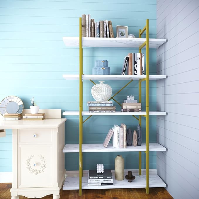 5 Tiers Bookshelf Organizer White Faux Marble Shelf, Modern Open Display