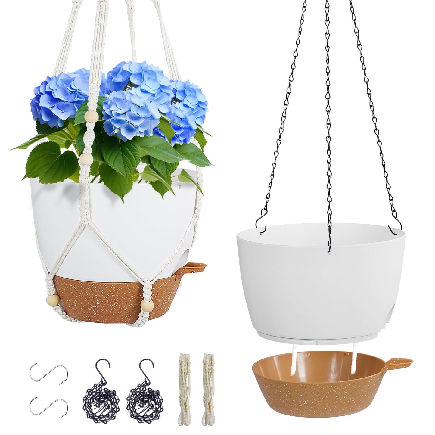 Meowell 10 inch Self Watering Hanging Planters, 2 Pack Hanging Baskets for Indoor Outdoor Plants, Hanging Flower Pots with Drainage Holes & 2 Kinds of Plant Hangers for Garden Home Décor, White Brown