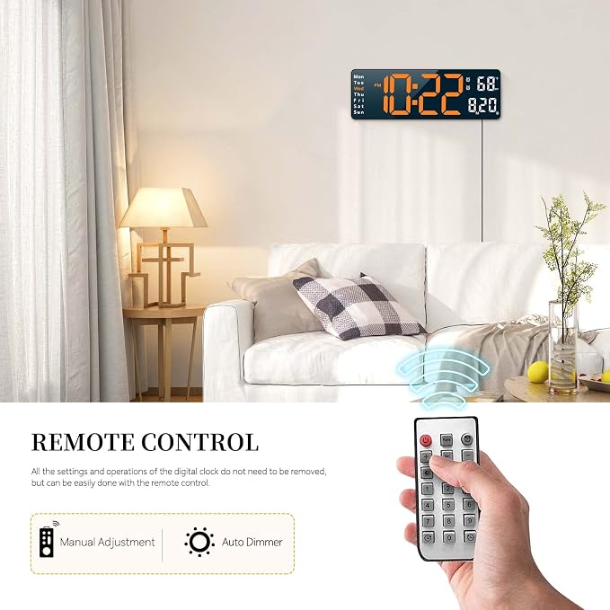 Abovsare Digital Wall Clock for Living Room Decor, Desk Alarm Clock for Bedroom, Large Wall Clock with Remote Control, Automatic Brightness Dimmer LED Clock with Date Temperature Week (Orange-B)