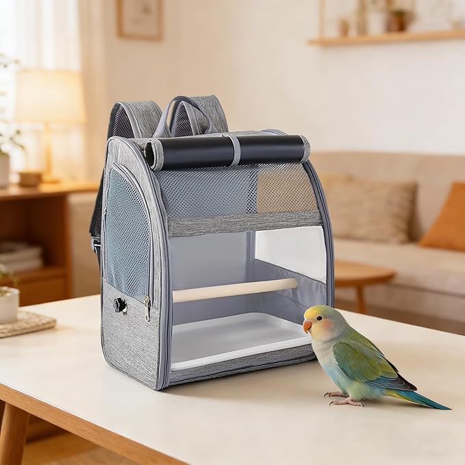 Bosreroy Bird Backpack Carrier, Gray Pet Travel Cage with Mesh Window, Large Space for Parrots Cockatiels Pigeons, Portable with Removable Perch and Tray 12.2 X 9.6 X 15 in