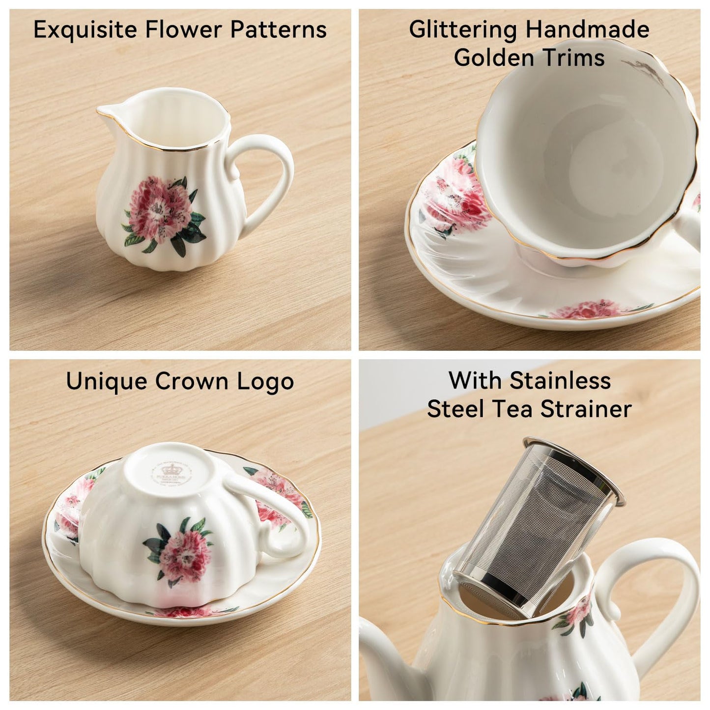 Sweejar Porcelain Tea Sets British Royal Series, 8 OZ Cups & Saucer Service for 6, with Teapot Sugar Bowl Cream Pitcher Teaspoons and Tea Strainer, Suitable for High Tea, Wedding, Party