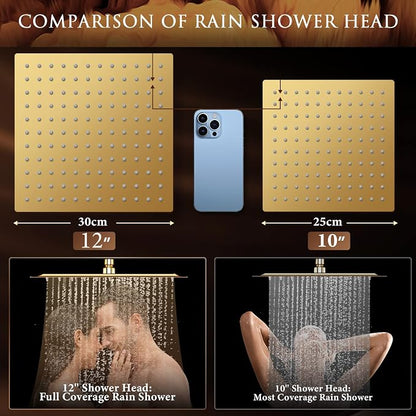 12'' Shower Head with Handheld, High Pressure Rainfall Shower Head Combo with 11'' Adjustable Extension Arm, 5 Setting Hand Held Shower Head with 60 Inch Shower Hose. Anti-Leak (Gold)