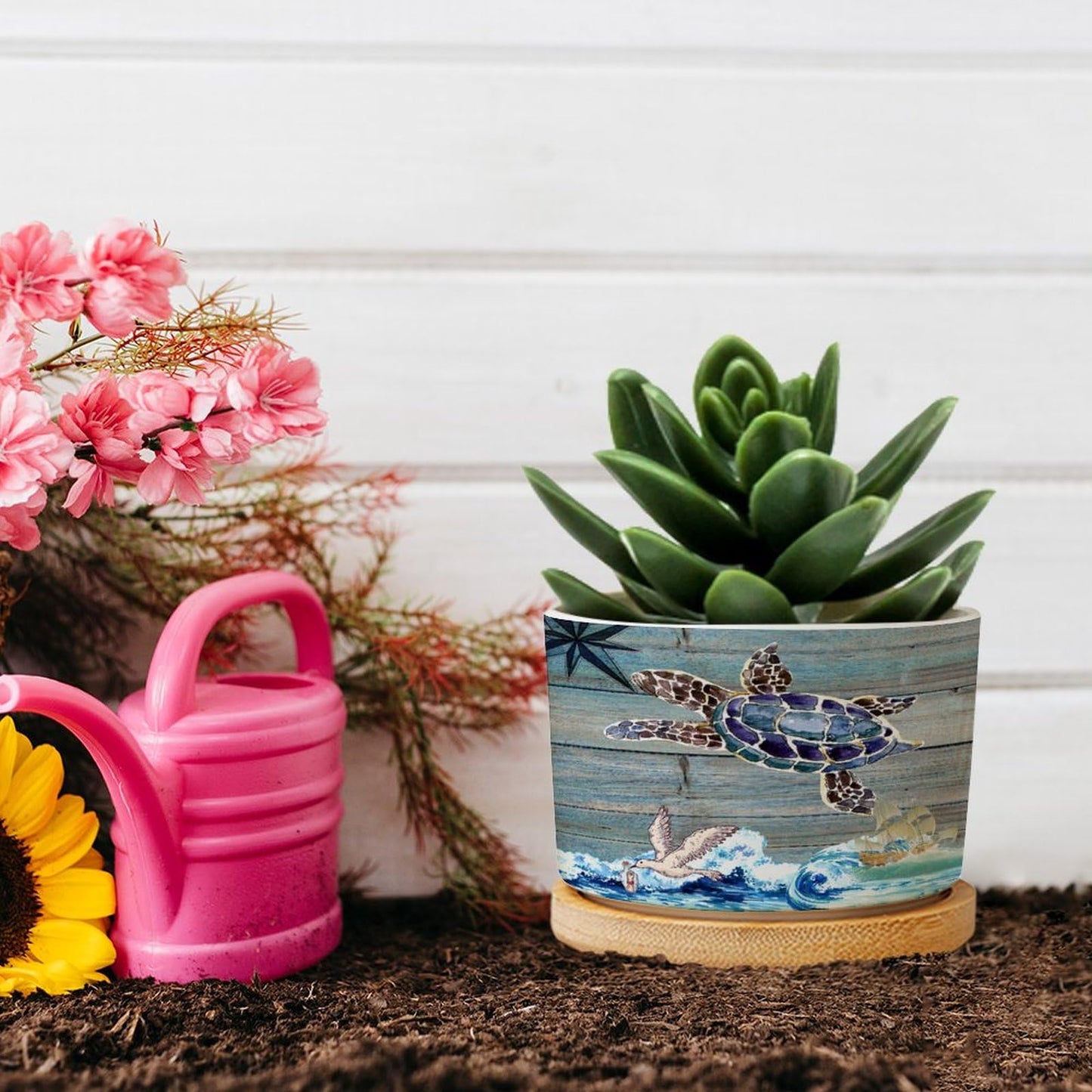 DreamAutumn Ocean Theme Sea Turtle Planter Ceramic Round Plant Pots with Drainage Holes and Bamboo Tray Planting Small Flower Pots for Home Windowsill Desk Garden Indoor Outdoor Use