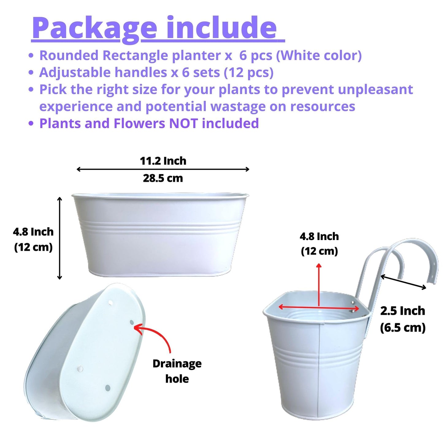 LaLaGreen Rail Planters for Outdoor (6 Pack, 11.2 Inch) White Metal Iron Hanging Flower Pots, Deck Railing Strawberry Planter Fence Bucket Wall Mount Window Box Plant Holder with Hooks Porch Decor