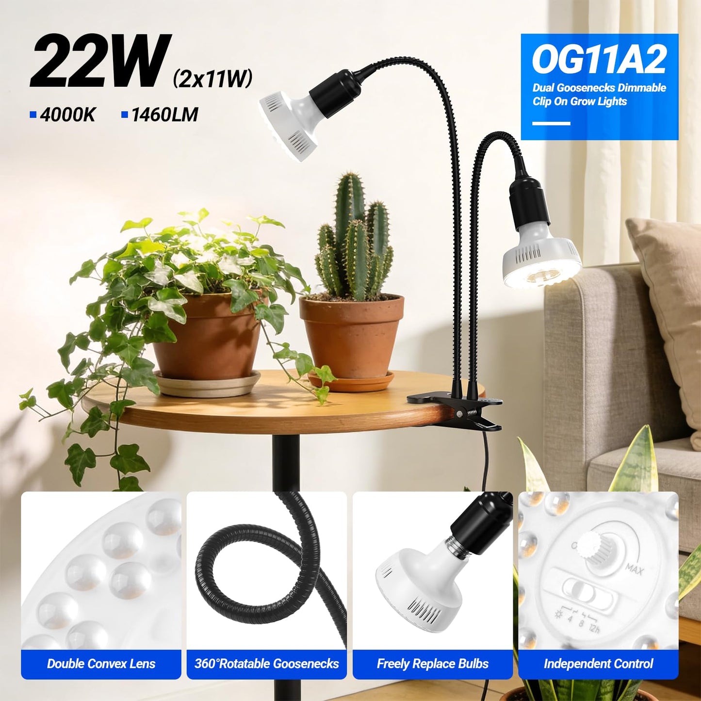 Barrina Orbgrow OG11A2 Clip On Grow Lights for Indoor Plants, Integrated Stepless Dimming & Timing, 4000K 22W(2 x 11W, 200 Watt Equiv), Full Spectrum 2-Gooseneck with E26 Plant Light Bulbs