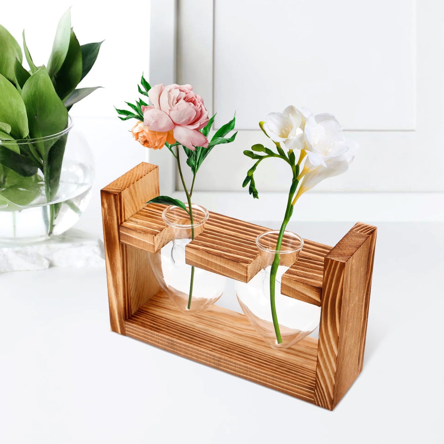 Unomor Wooden Stand Glass Terrarium Plant Holder Heart Shaped Vase Hydroponic Indoor Garden Decor with 2 Glass Containers for Home Office