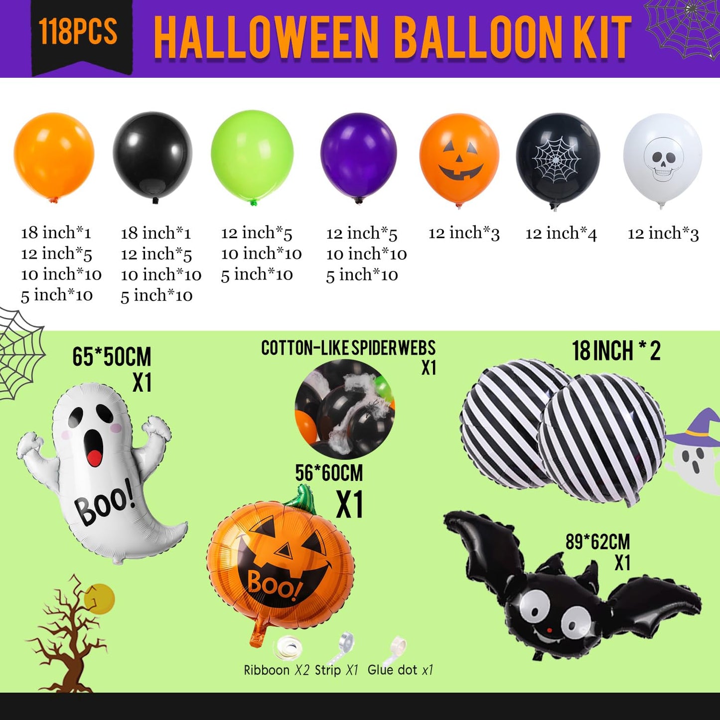 Halloween Decorations with Orange Black Green Purple Balloon Garland Arch & Spider web Bat Ghost Pumpkin Stripes foil Balloons for Horror Night one spooky Trunk or Treat Car Party Boo day Supplies