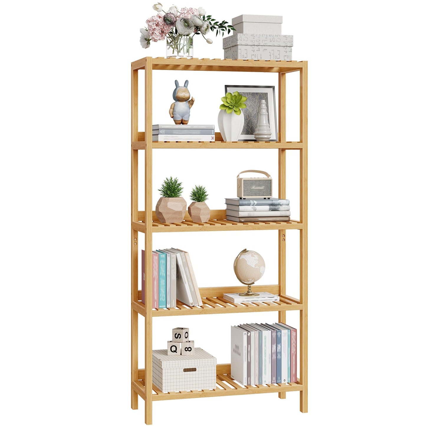 HOOBRO Bamboo Storage Shelf, 5-Tier Freestanding Shelving Unit, Multifunctional Storage Rack with Back Panel, 23.6 x 10.2 x 51.2 inches, for Bathroom, Living Room, Balcony, Kitchen, Natural YL96CJ01