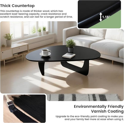 Solid Wood Triangle Coffee Table,Unique Mid Century Modern Oval Coffee Table,Irregular Geometric Tea Tables for Home Living Room with Wooden Tabletop and Reinforced (Black, 33" L x 24" W x 16" H)