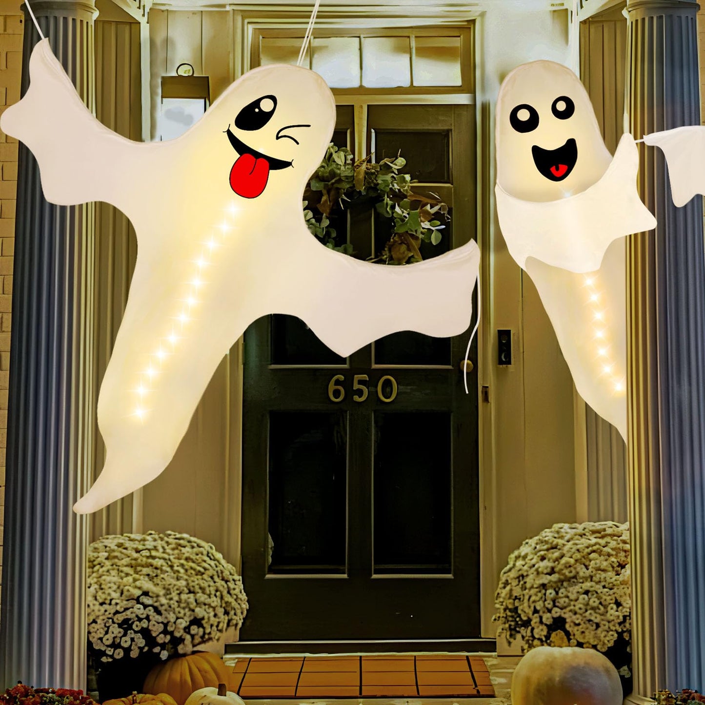 2PCS Geefuun Halloween Ghost Lighted Hanging Decoration Outdoor Decor - Hallowmas Tree Hugger Friendly Spooky Party Supplies (Batteries Not Included)