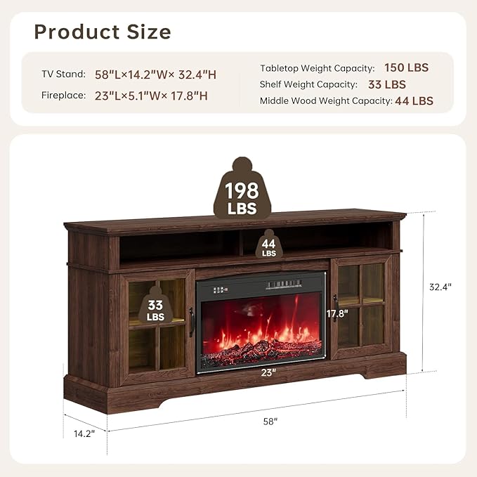 58" Fireplace TV Stand, Modern Entertainment Center