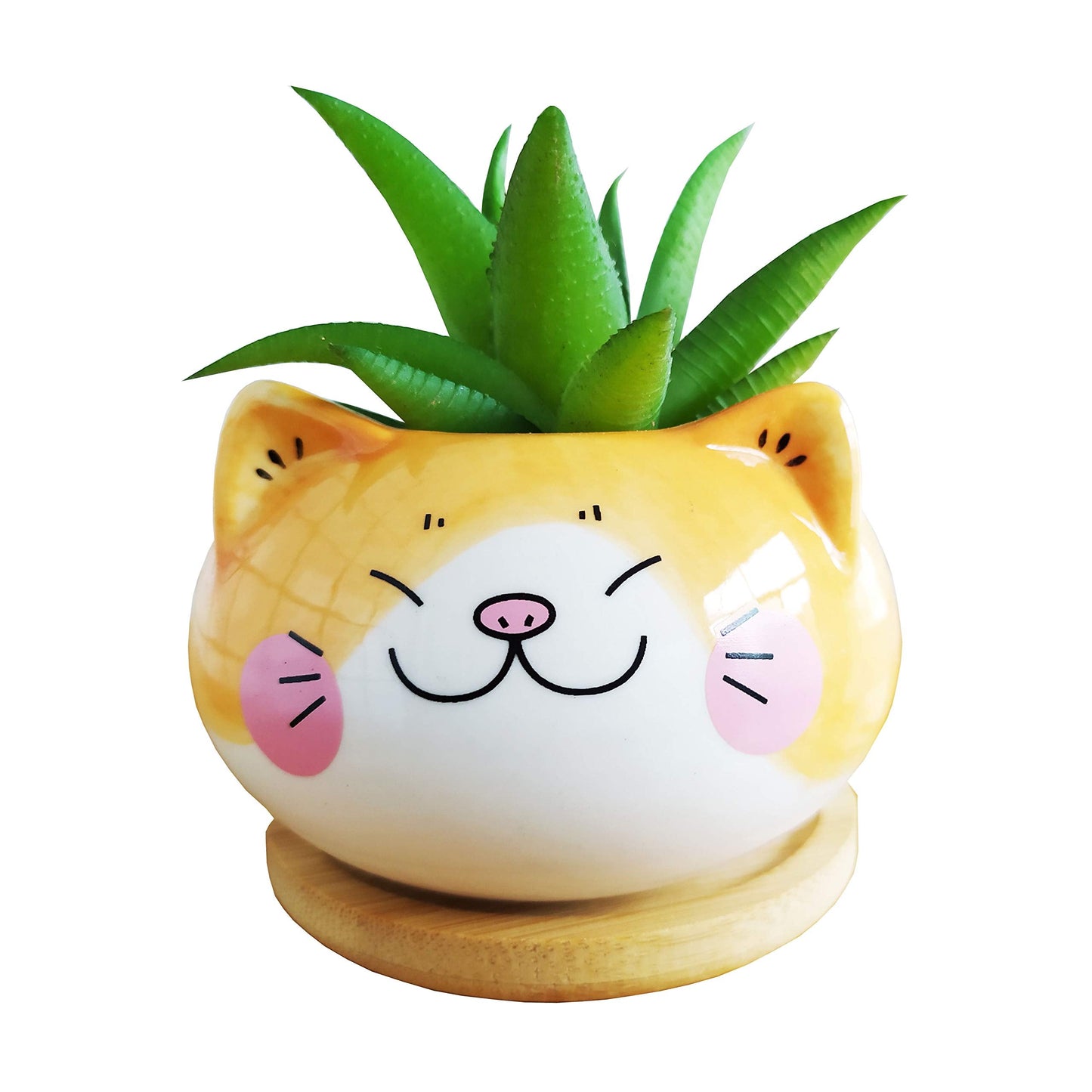 Cuteforyou Cute 3.5 Inches Indoor Cartoon Animal Cat Shaped Ceramic Succulent Cactus Flower Plant Pots with Bamboo Tray-Plant Not Included (Yellow)