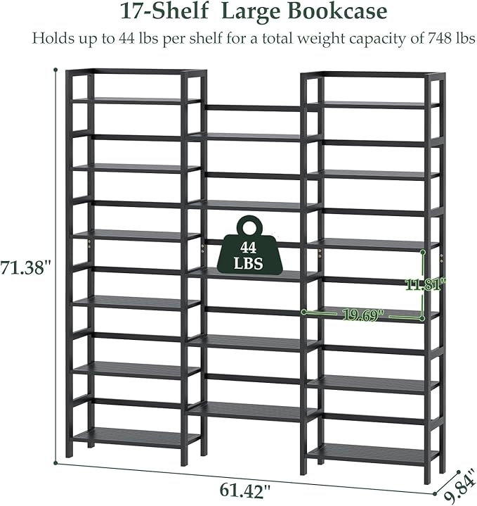 Homykic Bamboo Bookshelf, 71” Tall Triple Wide Bookcase