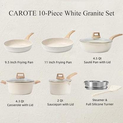 CAROTE 10Pcs Pots and Pans Set Nonstick, Non Stick Cooking Set w/Frying Pans & Saucepans, Induction Kitchen Cookware Set