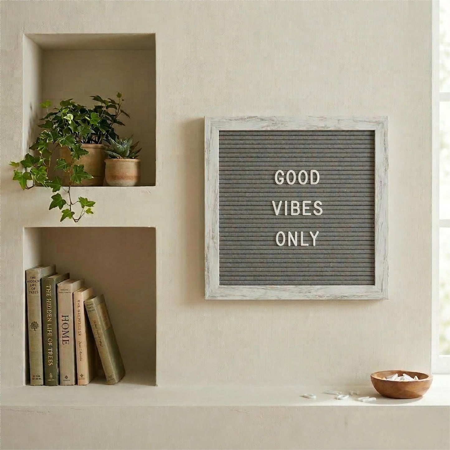 C CRYSTAL LEMON Rustic Gray Felt Letter Board 10x10 Inch, 336 Letters Numbers and Symbols, Changeable Wooden Message Board with Wall Mount and Display Stand