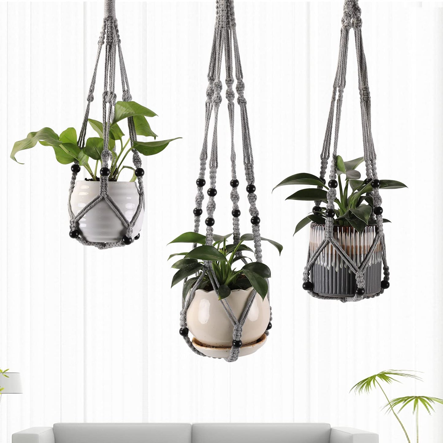 MKO SHUN 3-Pack Macrame Plant Hanger Indoor - Hanging Planter Basket for Indoor Outdoor - Decorative Boho Plant Holders Set with Beads - Ceiling Flower Pot Holder with 6 Hooks - 35"/30"/24" Gray