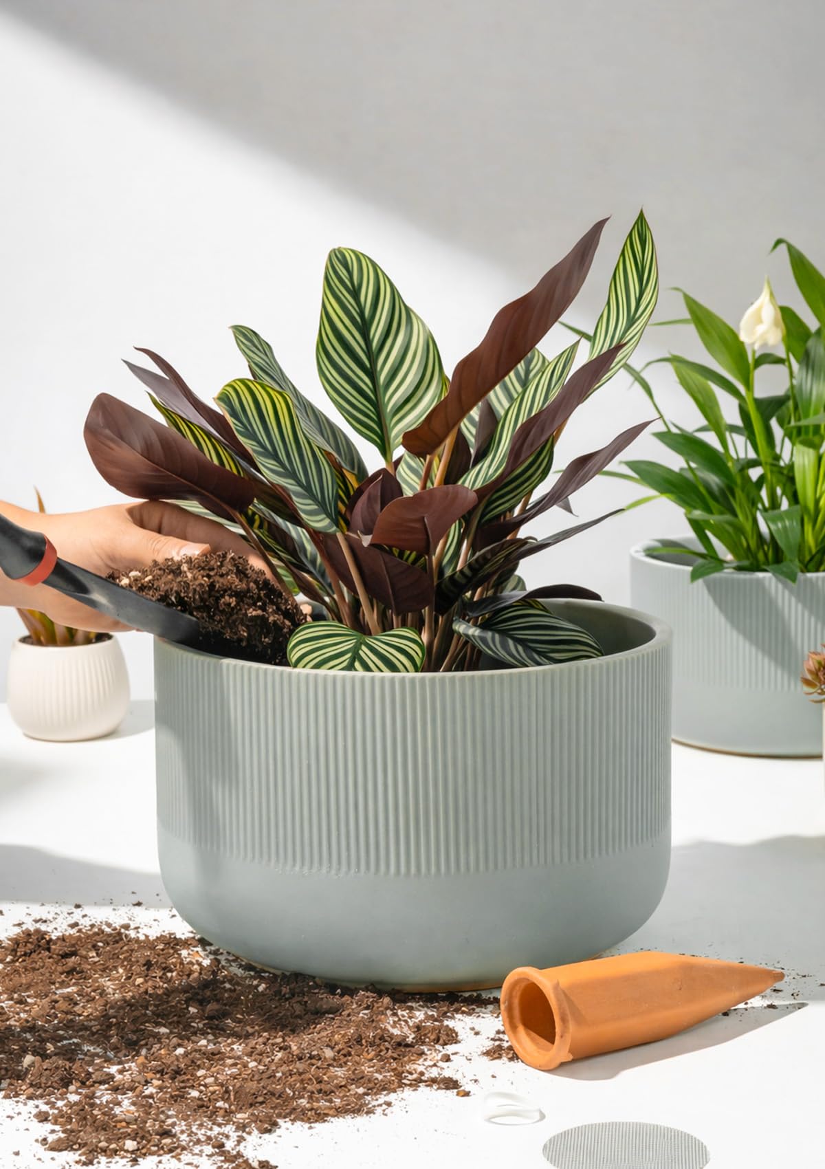 Jardin Tesoro Ceramic Planters - 10+12 Inch Large Pots for Indoor & Outdoor Plants, Modern Flower Pots with Drainage Holes and Self Watering Devices, House Grey-Blue Big Plant Pot, Set of 2