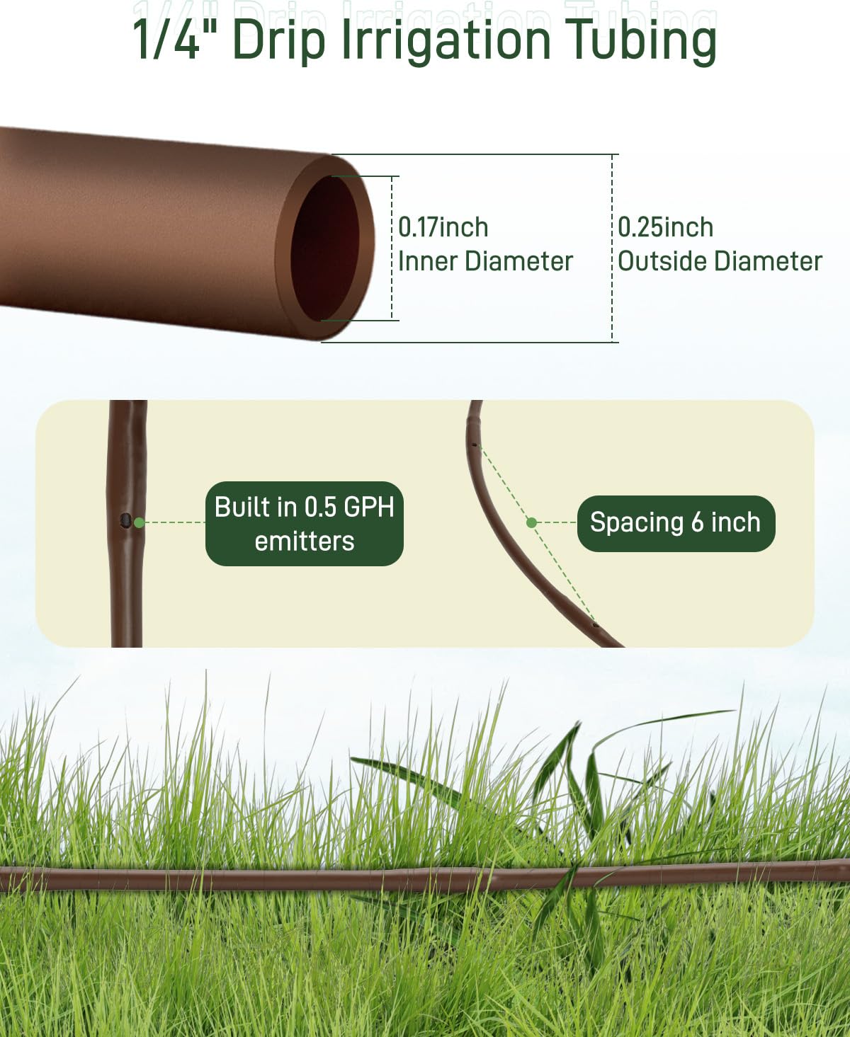 1/4" Drip Irrigation Tubing with 6" Emitter Spacing, (100 Ft Roll) Hydroponics Dripline with Built-in 0.5 GPH Dripper, Drip Line for Landscape Irrigation, Tree Watering and Greenhouses (Brown)