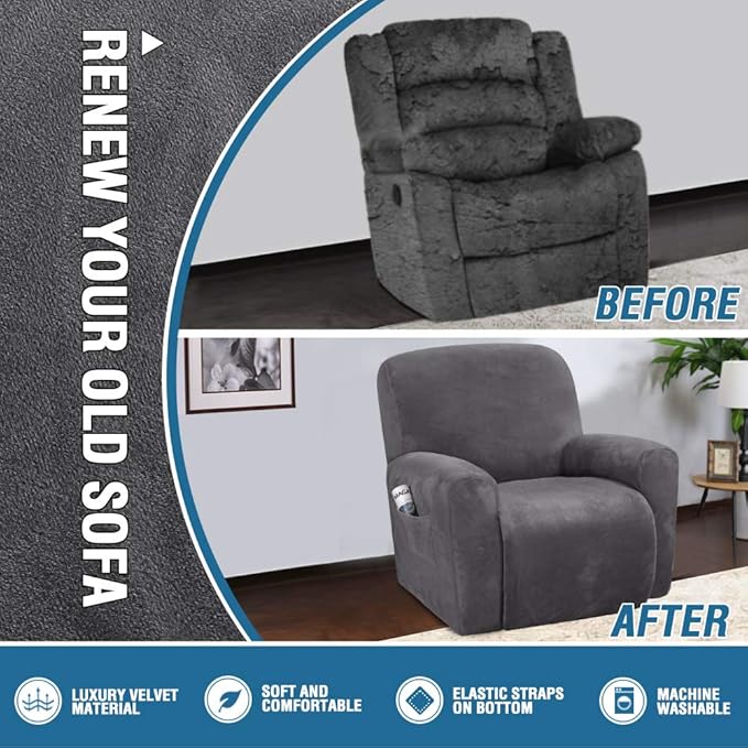H.VERSAILTEX Velvet Stretch Recliner Couch Covers 4-Pieces Style Recliner Chair