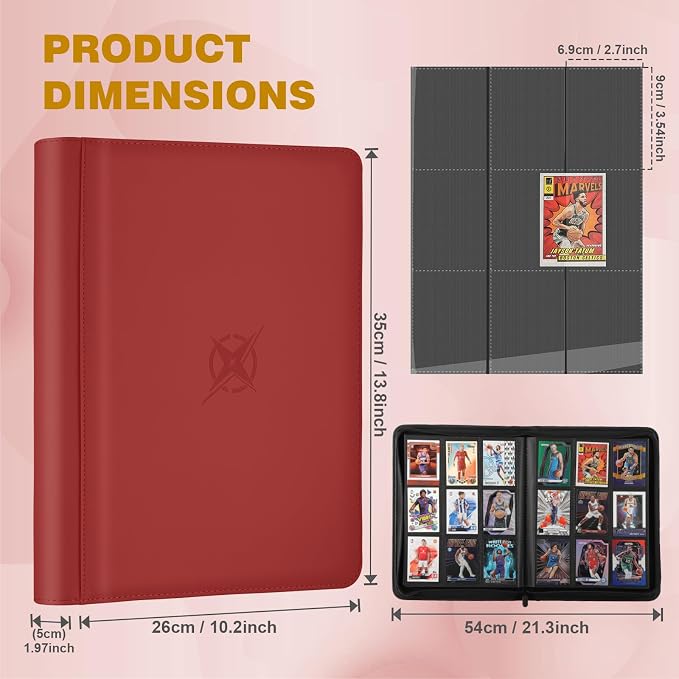 Trading Card Binder, Card Binder 9 Pocket for Trading Cards, Holds 540 Cards, Zippered Premium Card Collection Binder Album for Game Card, Sports Card, Yugioh, MTG (Red)