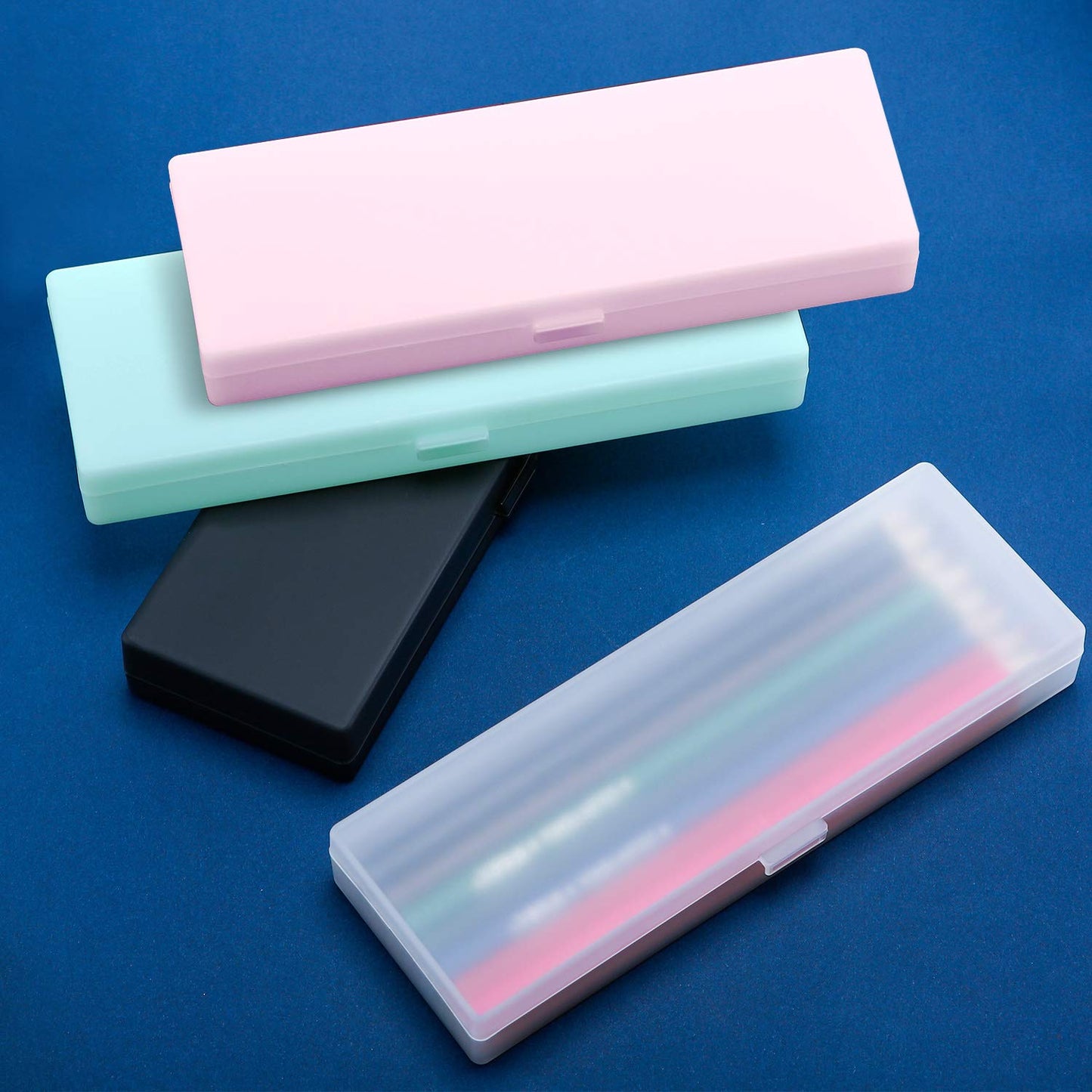 Chinco 4 Pieces Plastic Pencil Case Plastic Stationery Case with Hinged Lid and Snap Closure for Pencils, Pens, Drill Bits, Office Supplies (Black, Pink, White, Green)