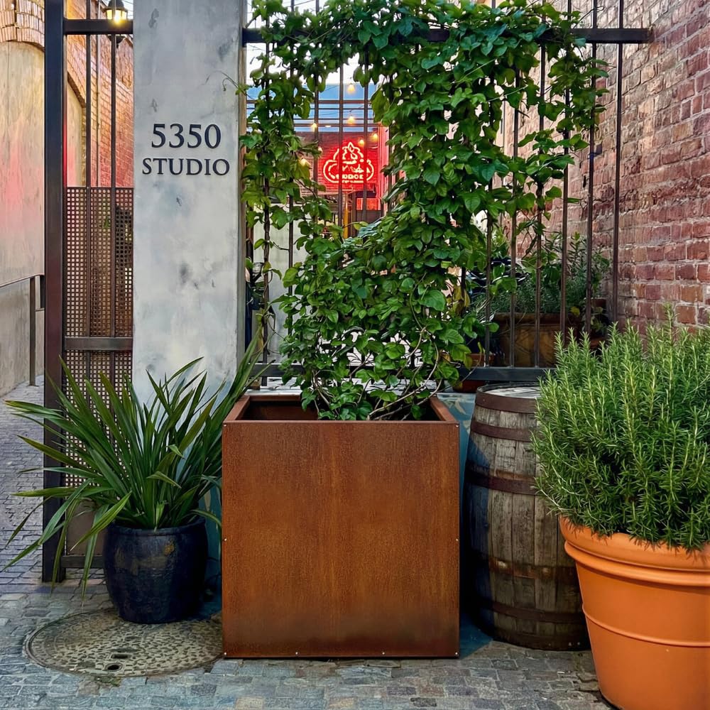DIY CARTEL Corten Steel Cube Outdoor Planter Box, Rustic & Modern Farmhouse Design, Large Raised Metal Garden Bed for Commercial & Residential Use