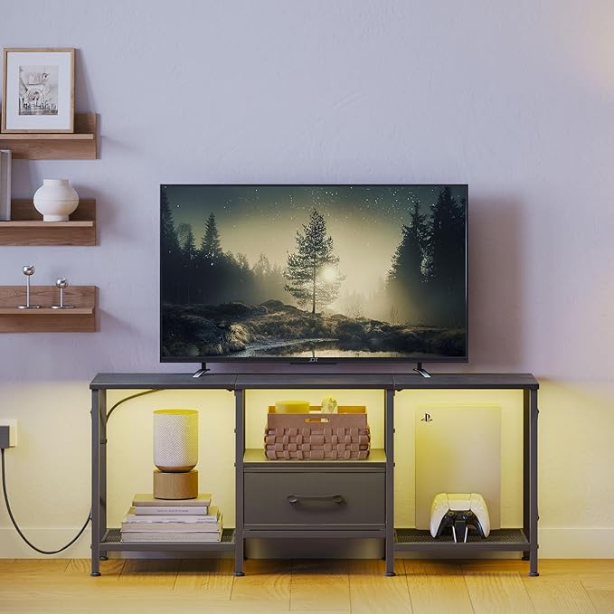 JARHETUN LED TV Stand with Fabric Drawer, Entertainment Center