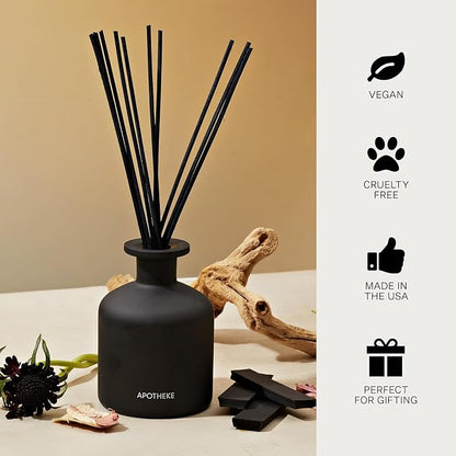 Apotheke Luxury Scented Reed Diffuser for Home, Charcoal - 6.7 Fl Oz Essential Oil Aromatherapy - 10 Rattan Scent Sticks Room Diffuser - Long-Lasting Fragrance for Bedroom, Home, Bathroom