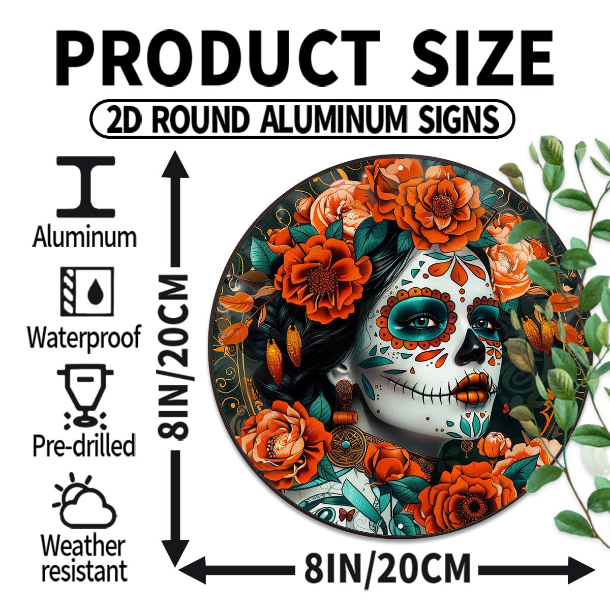 Classic Calavera Sugar Skull Round Aluminum Sign Halloween Autumn Wall Hanging Wall Art Decorative Signs & Plaques 8x8 Inch. Perfect for Bedroom, Living Room, Office, and Entryway Decor. Dreamy Artistic Style.