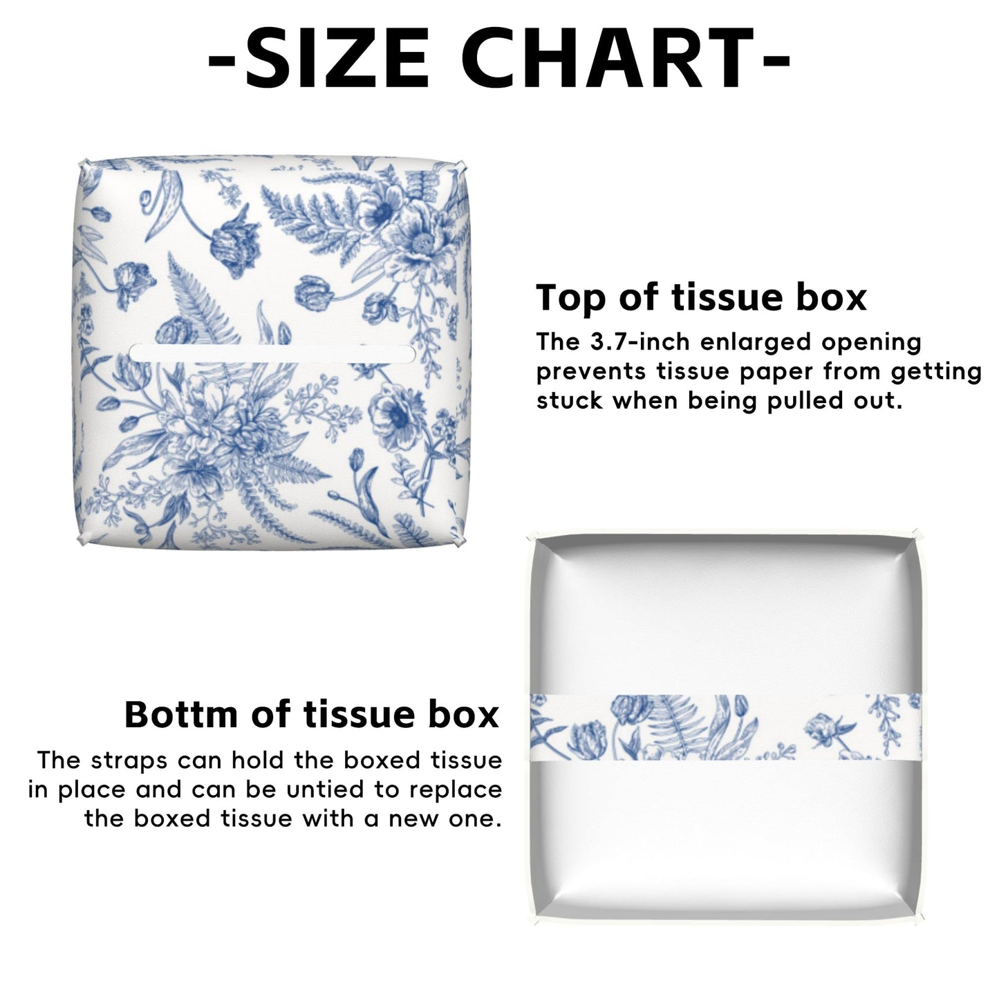 Blue Flowers Tissue Box Cover Square,Tissue Box Holder with Belt Bottom,Stylish Leather Napkin Holder for Vanity Countertop,Nightstands,Office Desk,5.2"×5.2"×5.2"